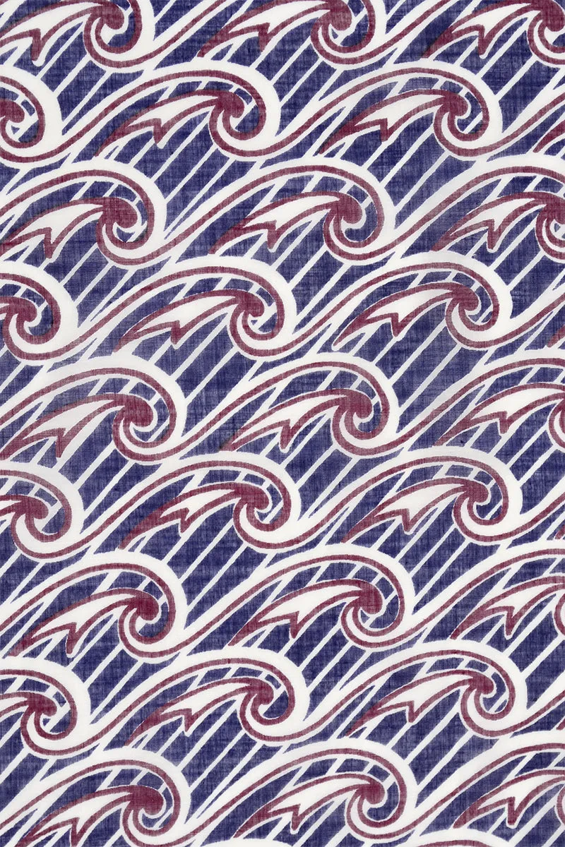 1970s Maroon & Blue Square Cotton Scarf w/ Wave Patterns