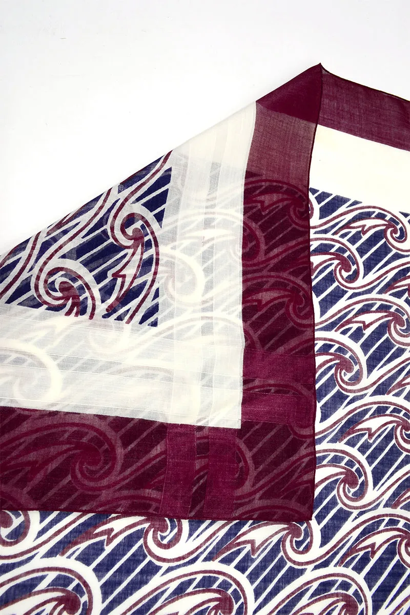 1970s Maroon & Blue Square Cotton Scarf w/ Wave Patterns