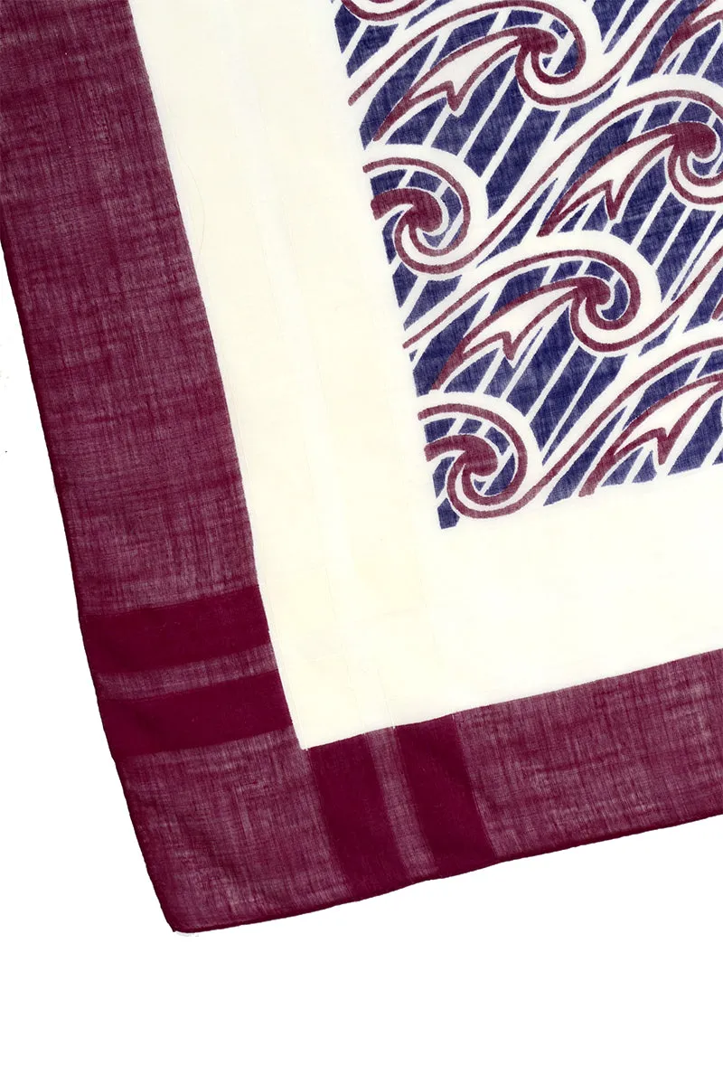 1970s Maroon & Blue Square Cotton Scarf w/ Wave Patterns