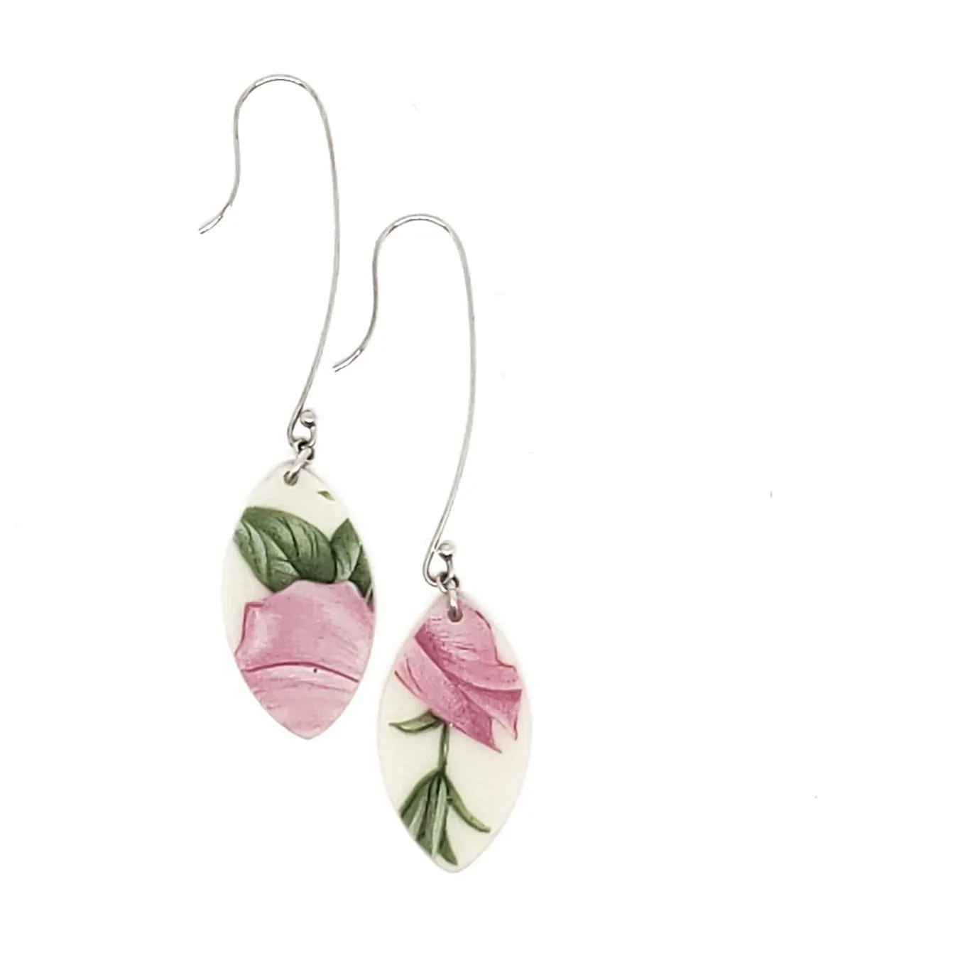(30% Off) Earrings - Long Pink Floral Vintage China by Material Movement