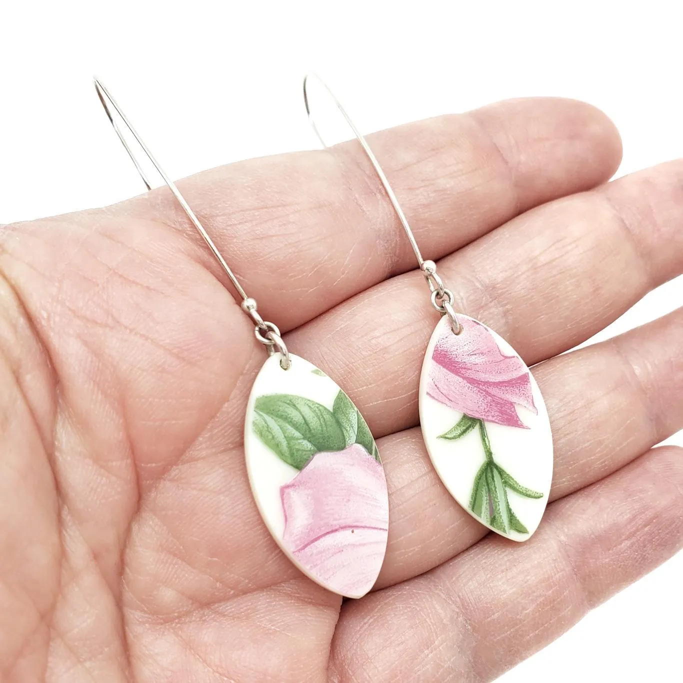 (30% Off) Earrings - Long Pink Floral Vintage China by Material Movement