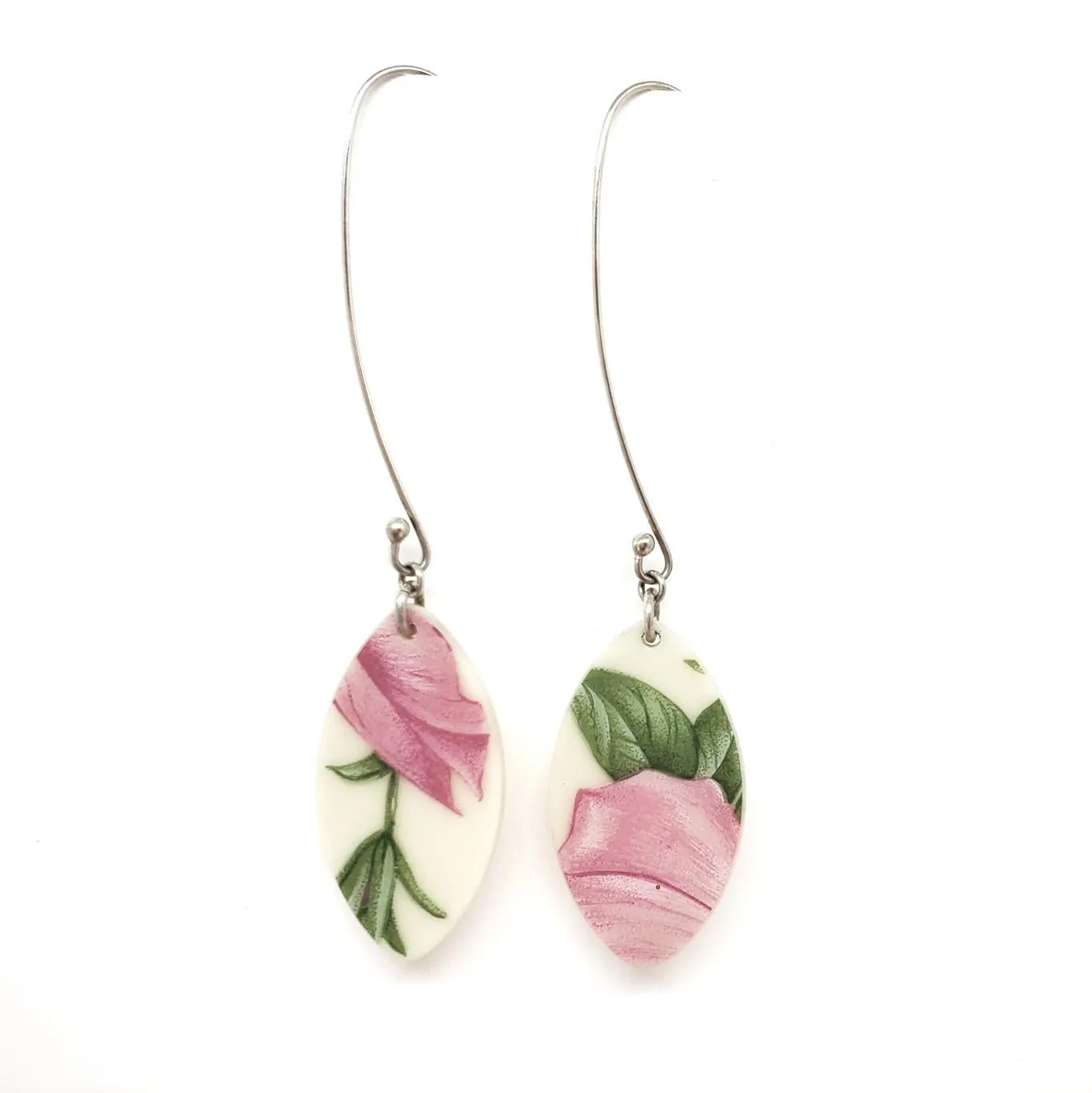 (30% Off) Earrings - Long Pink Floral Vintage China by Material Movement