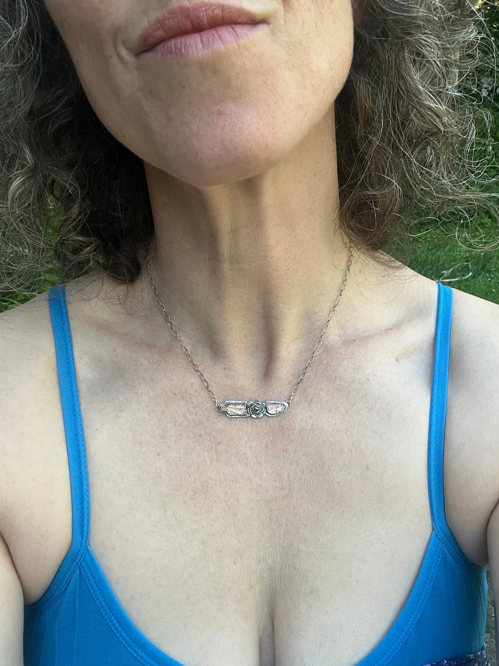 Bi-color Tourmaline Broken Feather Necklace with Flower Adornment ￼