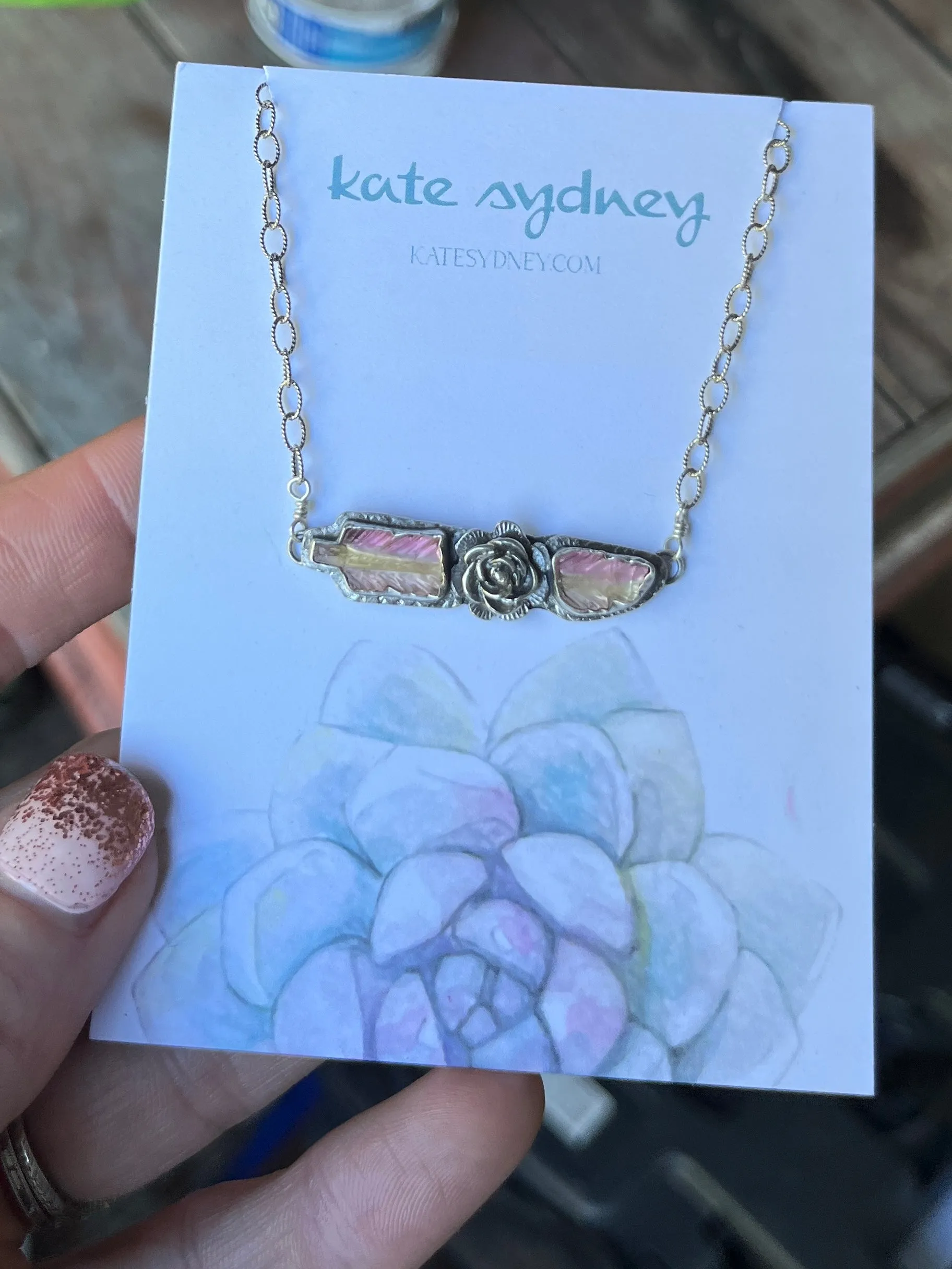 Bi-color Tourmaline Broken Feather Necklace with Flower Adornment ￼
