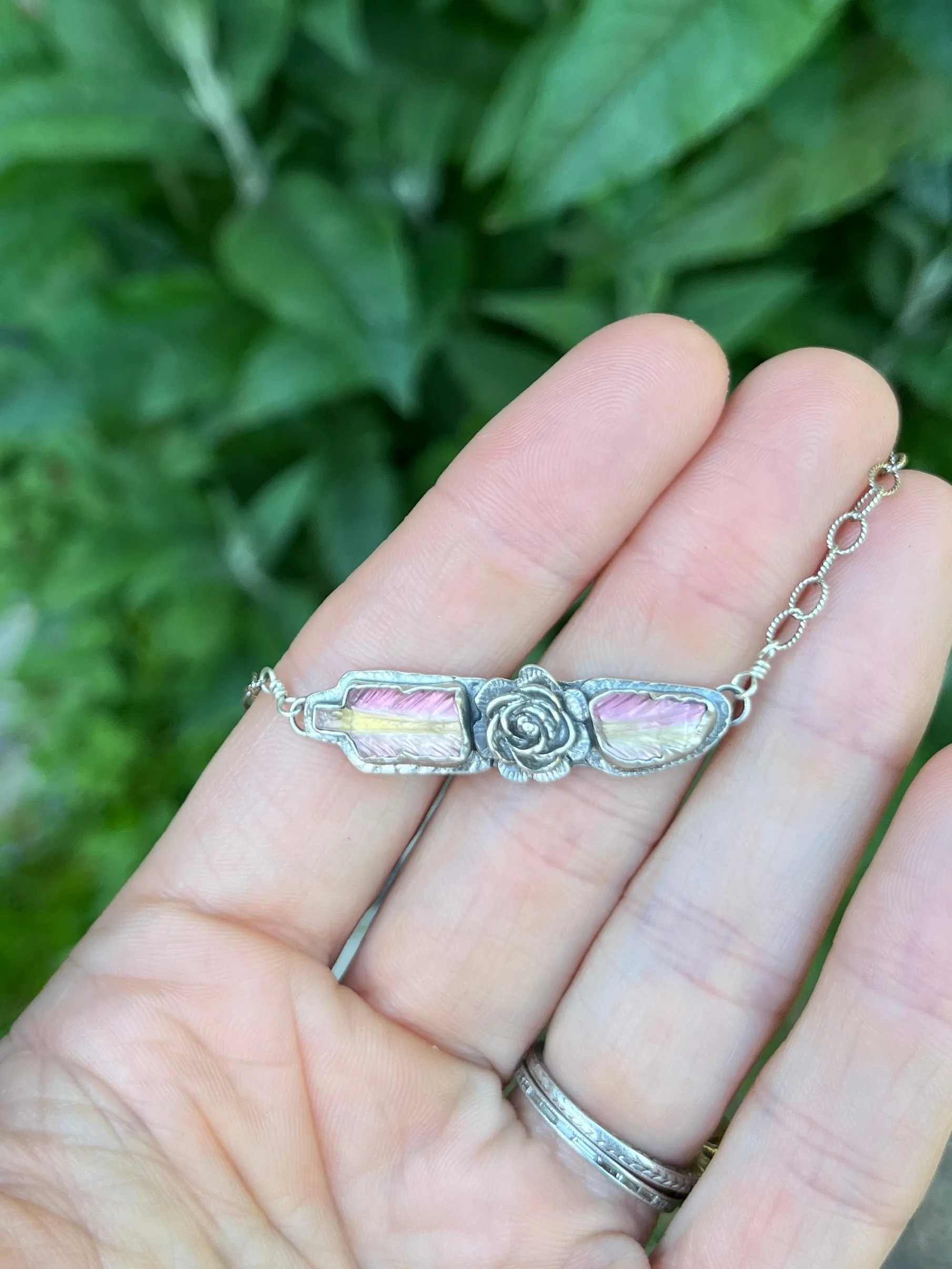 Bi-color Tourmaline Broken Feather Necklace with Flower Adornment ￼