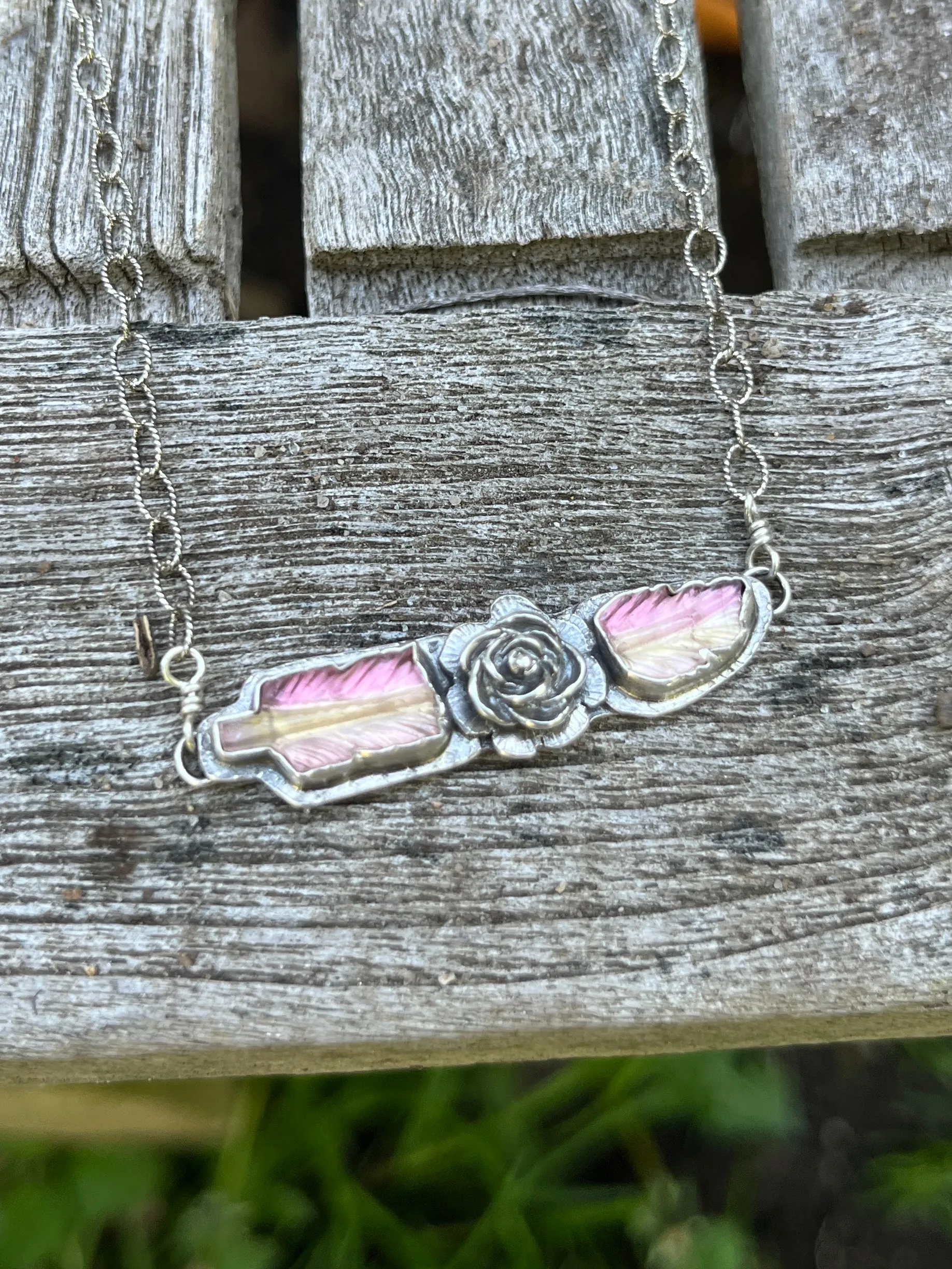 Bi-color Tourmaline Broken Feather Necklace with Flower Adornment ￼