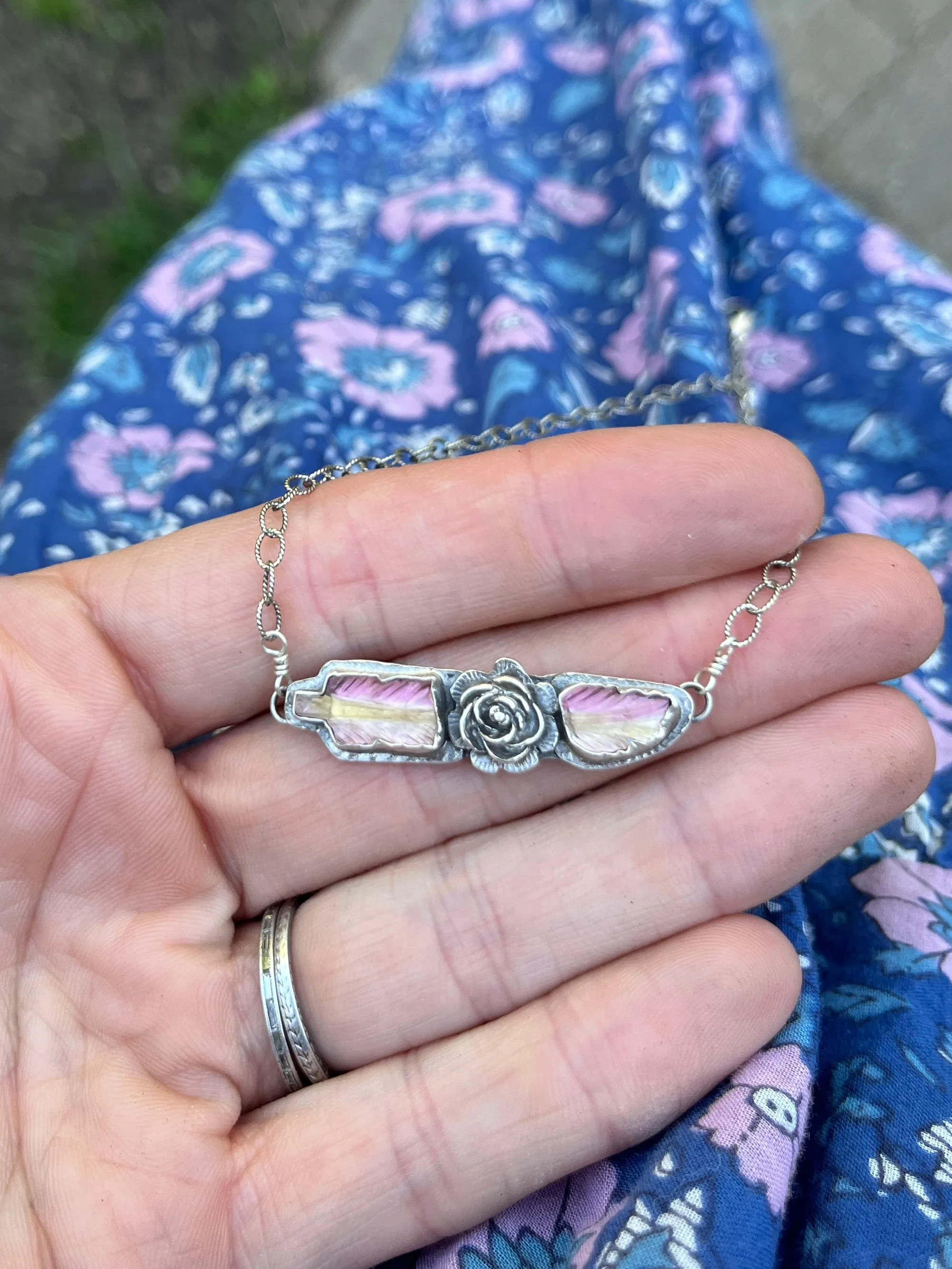 Bi-color Tourmaline Broken Feather Necklace with Flower Adornment ￼