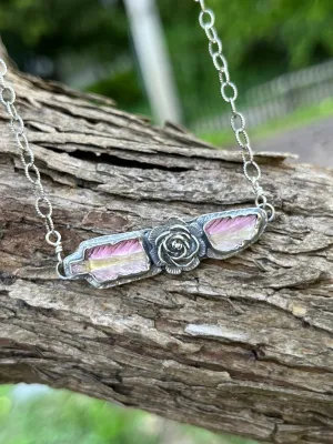 Bi-color Tourmaline Broken Feather Necklace with Flower Adornment ￼