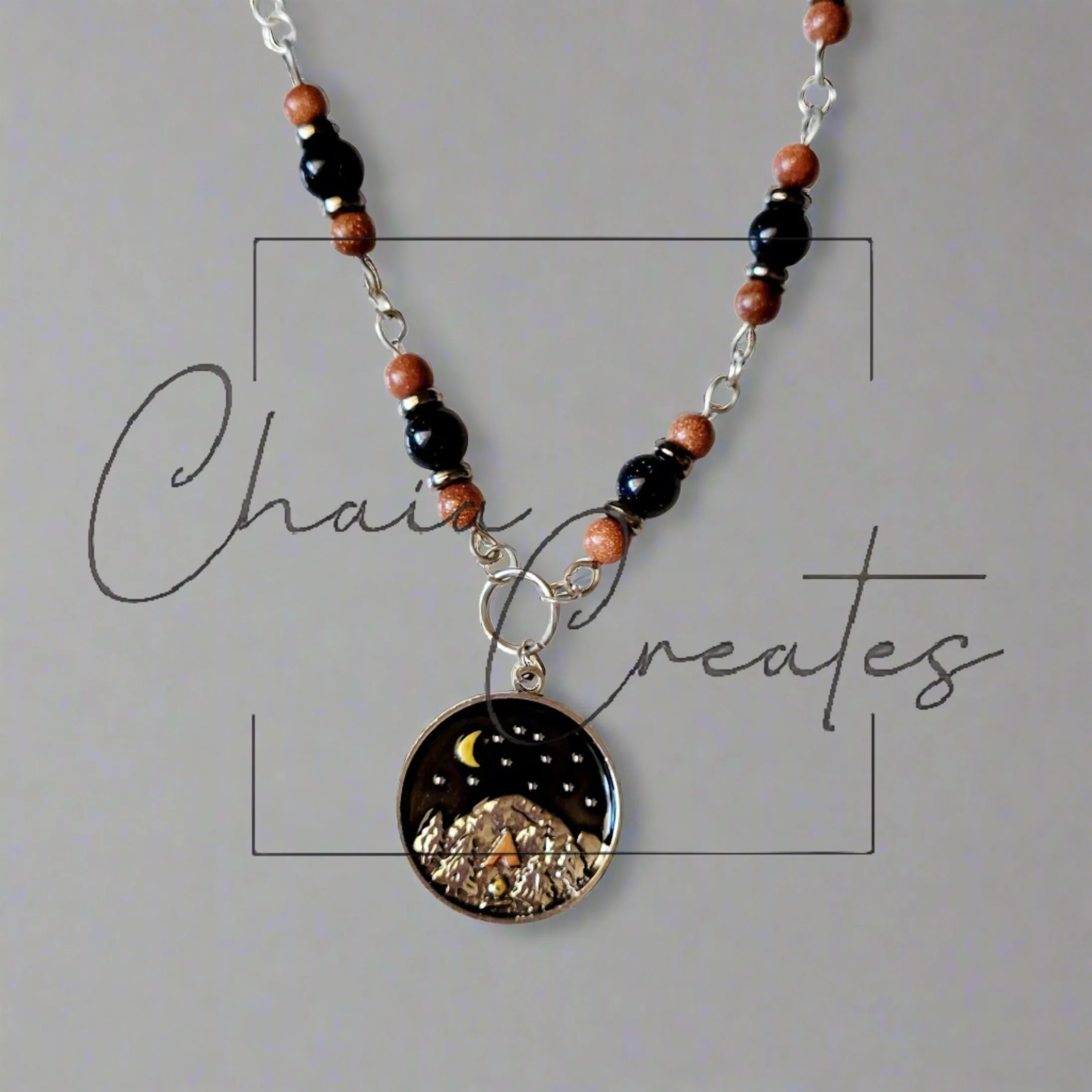 Camping Pendant Two-Tone Sandstone Silver Link Necklace