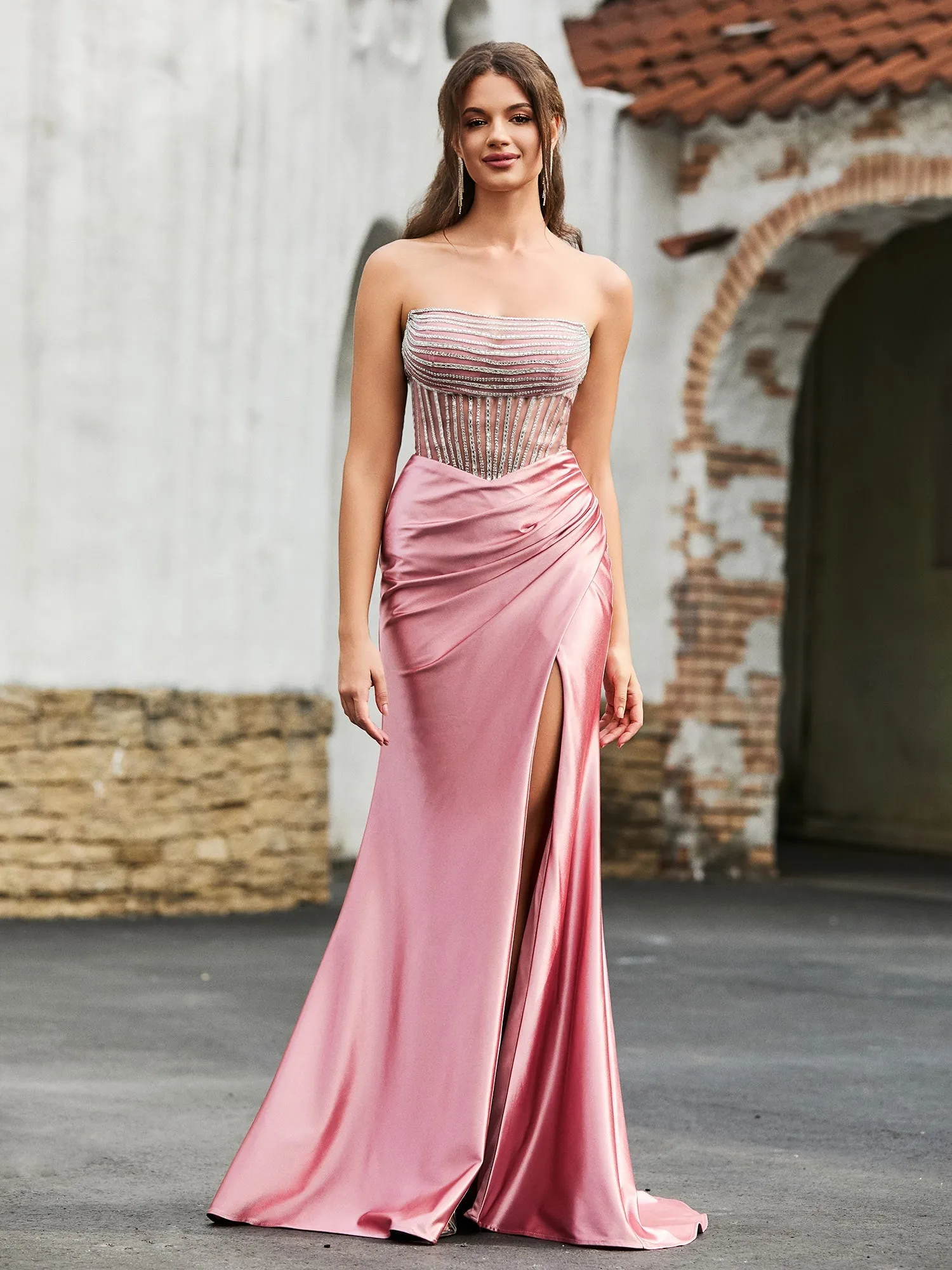 Diamond Corset Satin Maxi Dress Dusty Blue