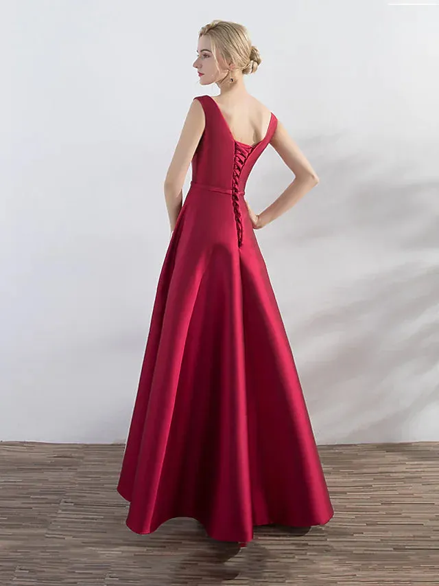 Evening Gown Elegant Minimalist Dress Party Wear Wedding Guest Asymmetrical Sleeveless Jewel Neck Satin with Sleek