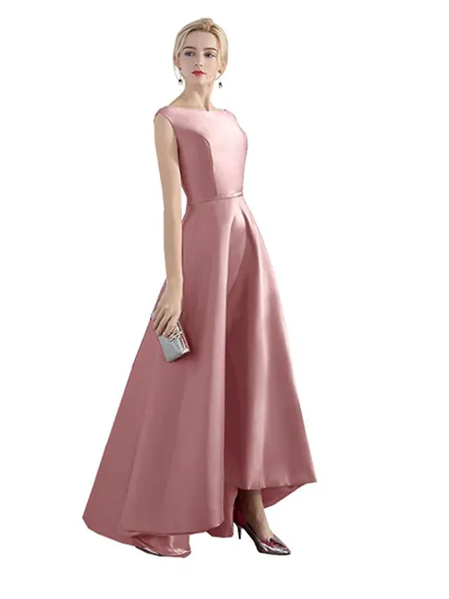 Evening Gown Elegant Minimalist Dress Party Wear Wedding Guest Asymmetrical Sleeveless Jewel Neck Satin with Sleek