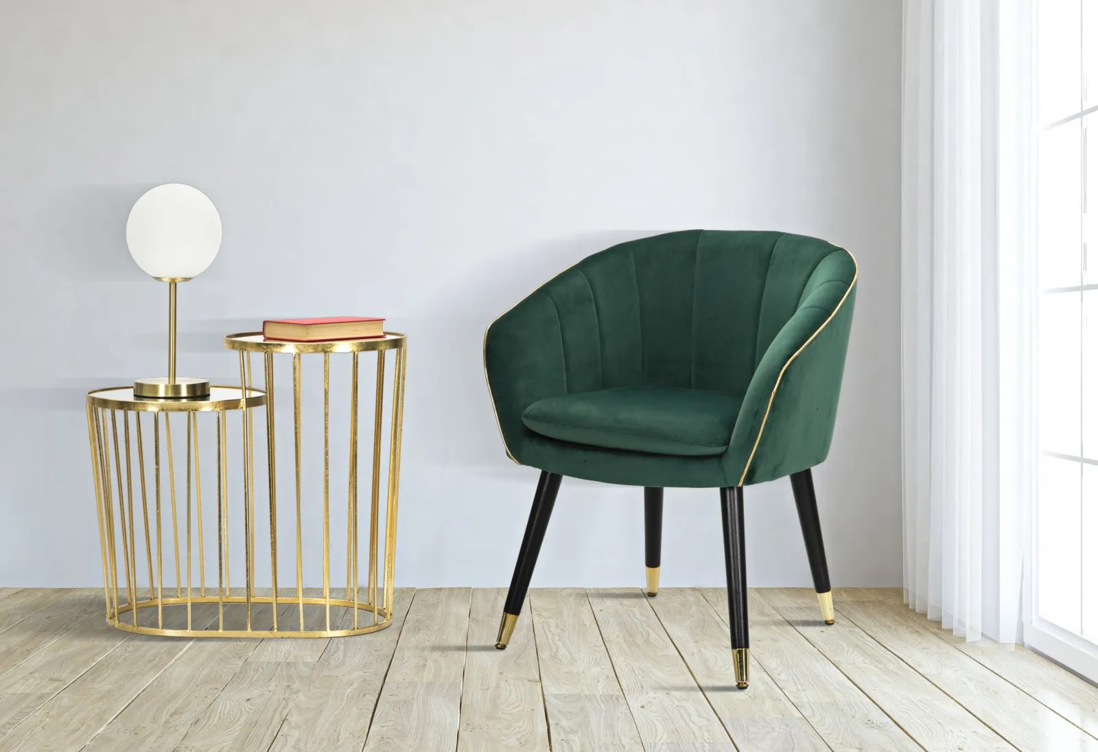 Green Padded chair with Black Wooden Legs with Golden Details