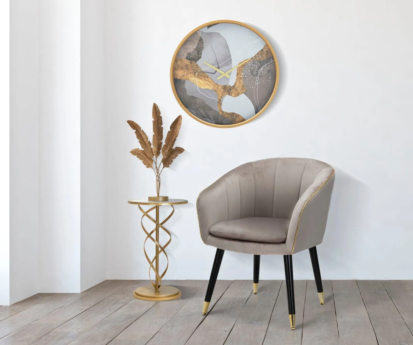 Grey Padded chair with Black Wooden Legs with Golden Details