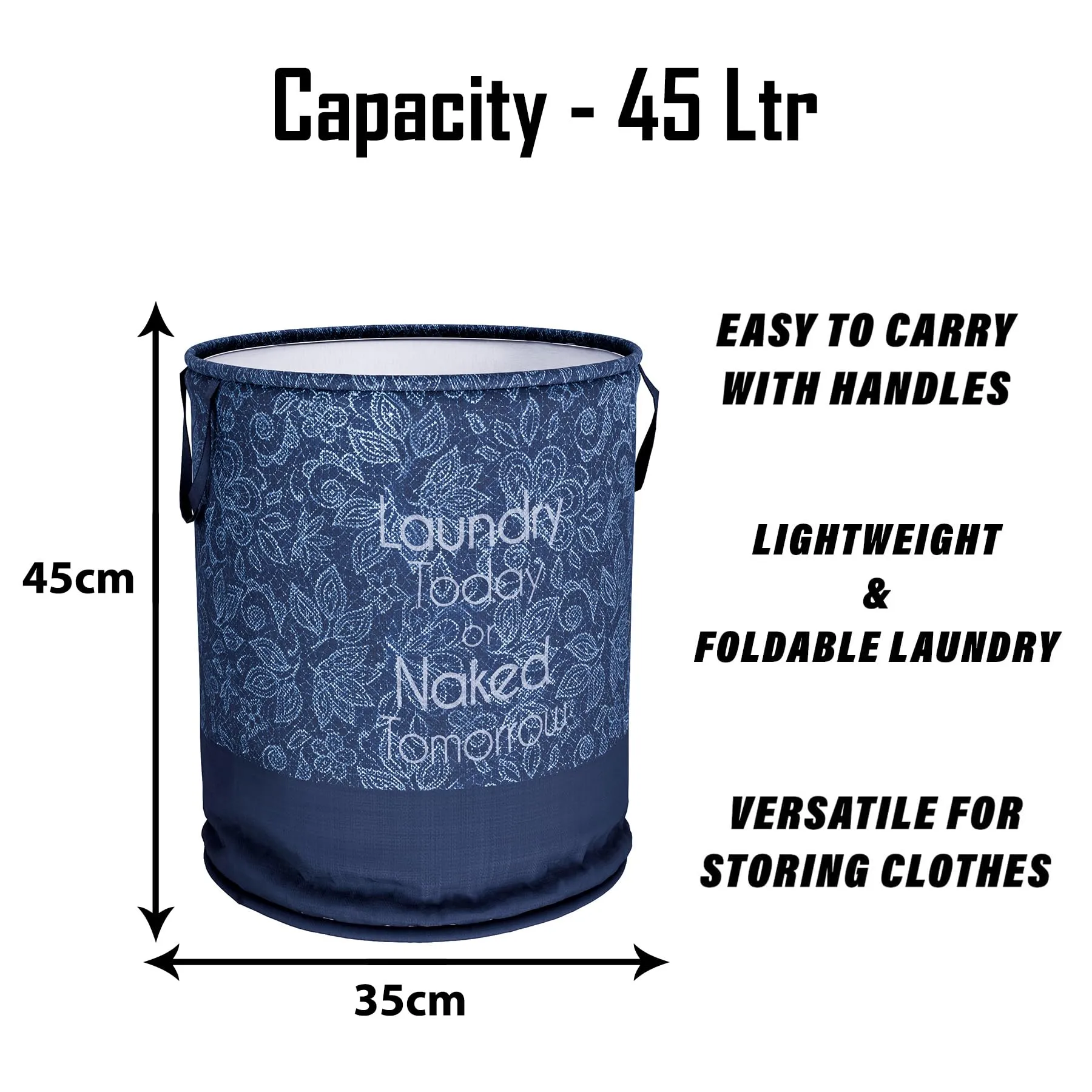 Heart Home Laundry Basket | Non-Woven Round Laundry Basket | Clothes Storage Hamper | Foldable Laundry Bag with Handle | Toy Storage Basket | Flower-Print | 45 LTR | Navy Blue