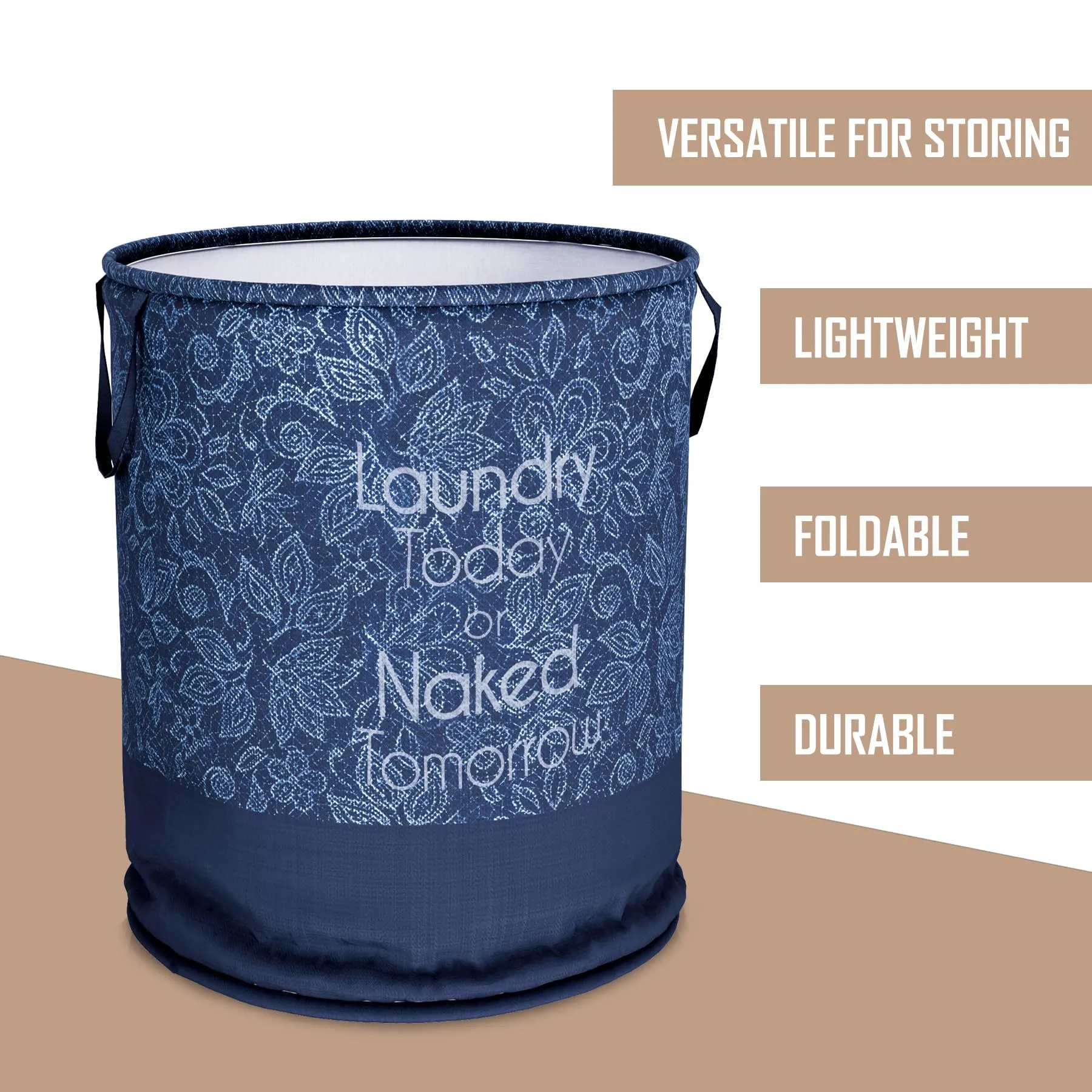Heart Home Laundry Basket | Non-Woven Round Laundry Basket | Clothes Storage Hamper | Foldable Laundry Bag with Handle | Toy Storage Basket | Flower-Print | 45 LTR | Navy Blue