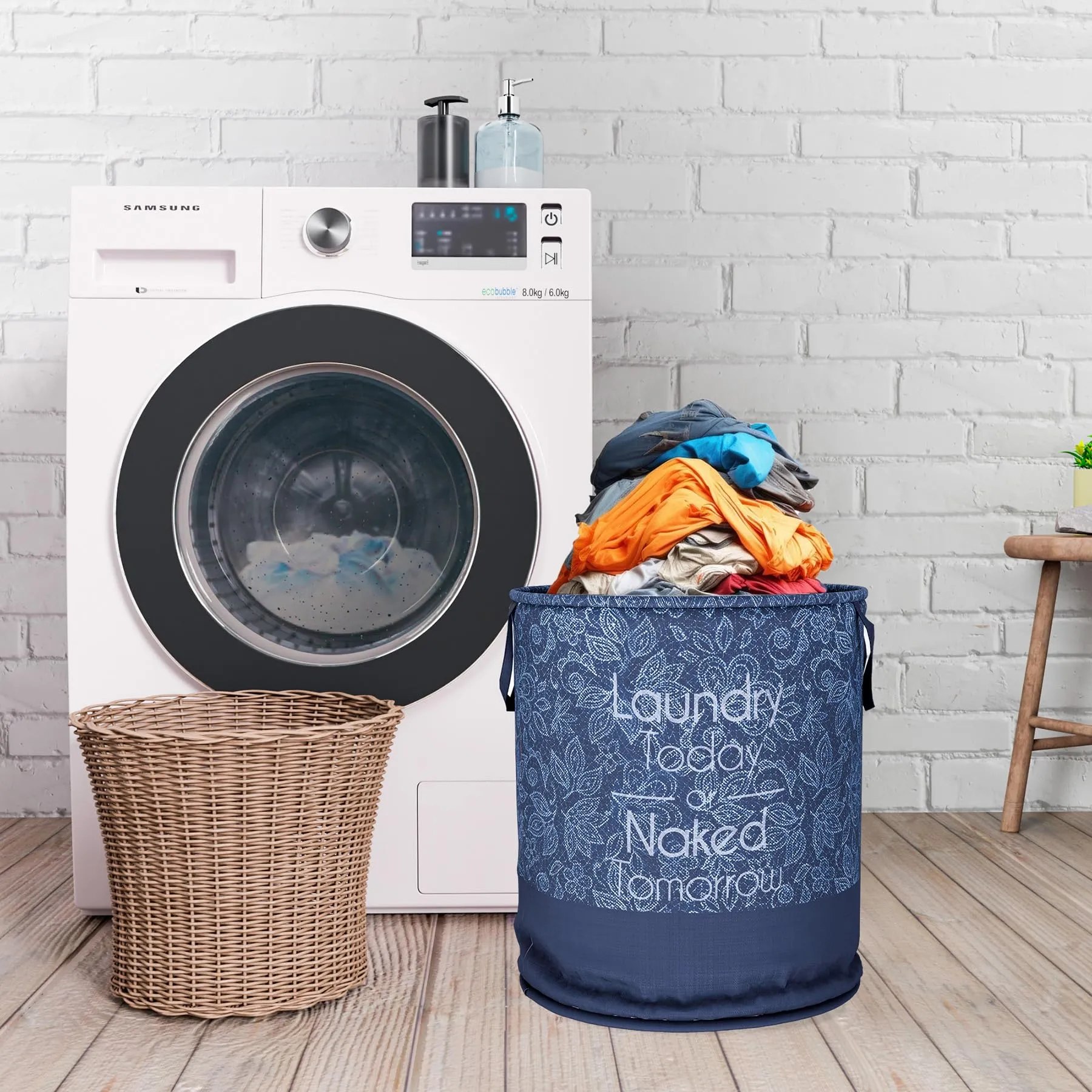 Heart Home Laundry Basket | Non-Woven Round Laundry Basket | Clothes Storage Hamper | Foldable Laundry Bag with Handle | Toy Storage Basket | Flower-Print | 45 LTR | Navy Blue