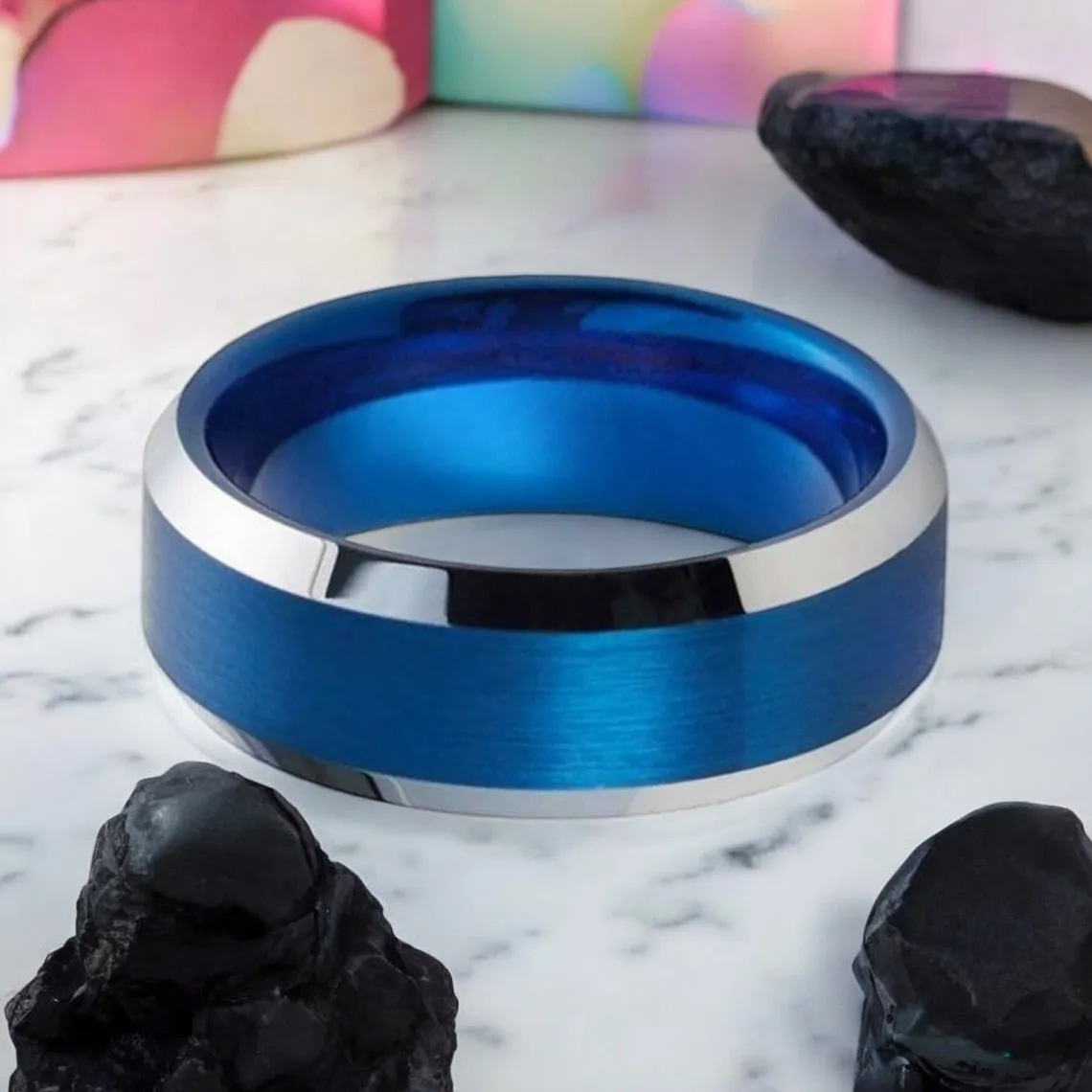HYDRO | Blue Tungsten Ring, Brushed, Silver Beveled Edge