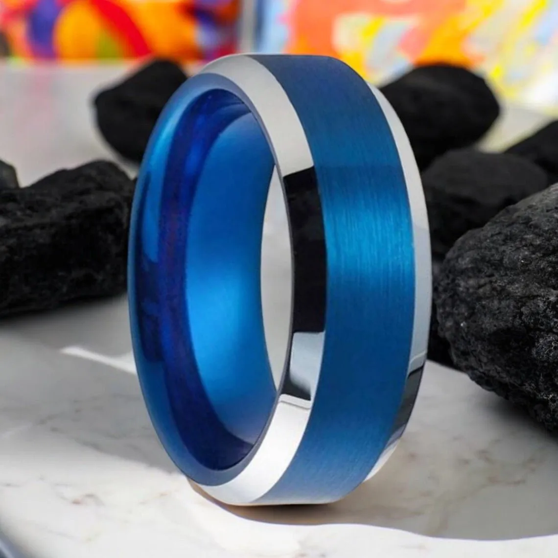 HYDRO | Blue Tungsten Ring, Brushed, Silver Beveled Edge