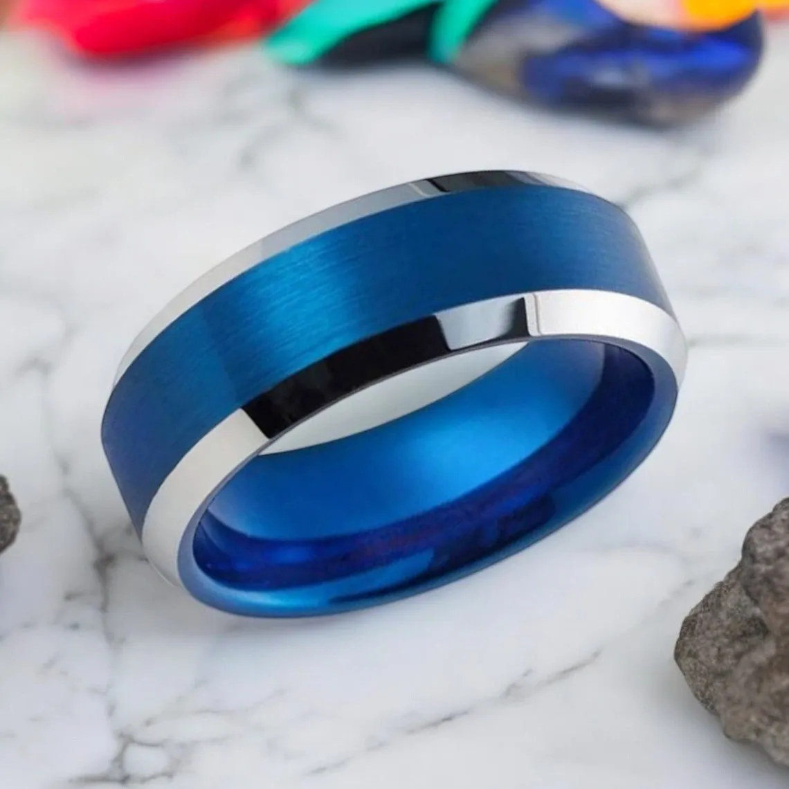HYDRO | Blue Tungsten Ring, Brushed, Silver Beveled Edge