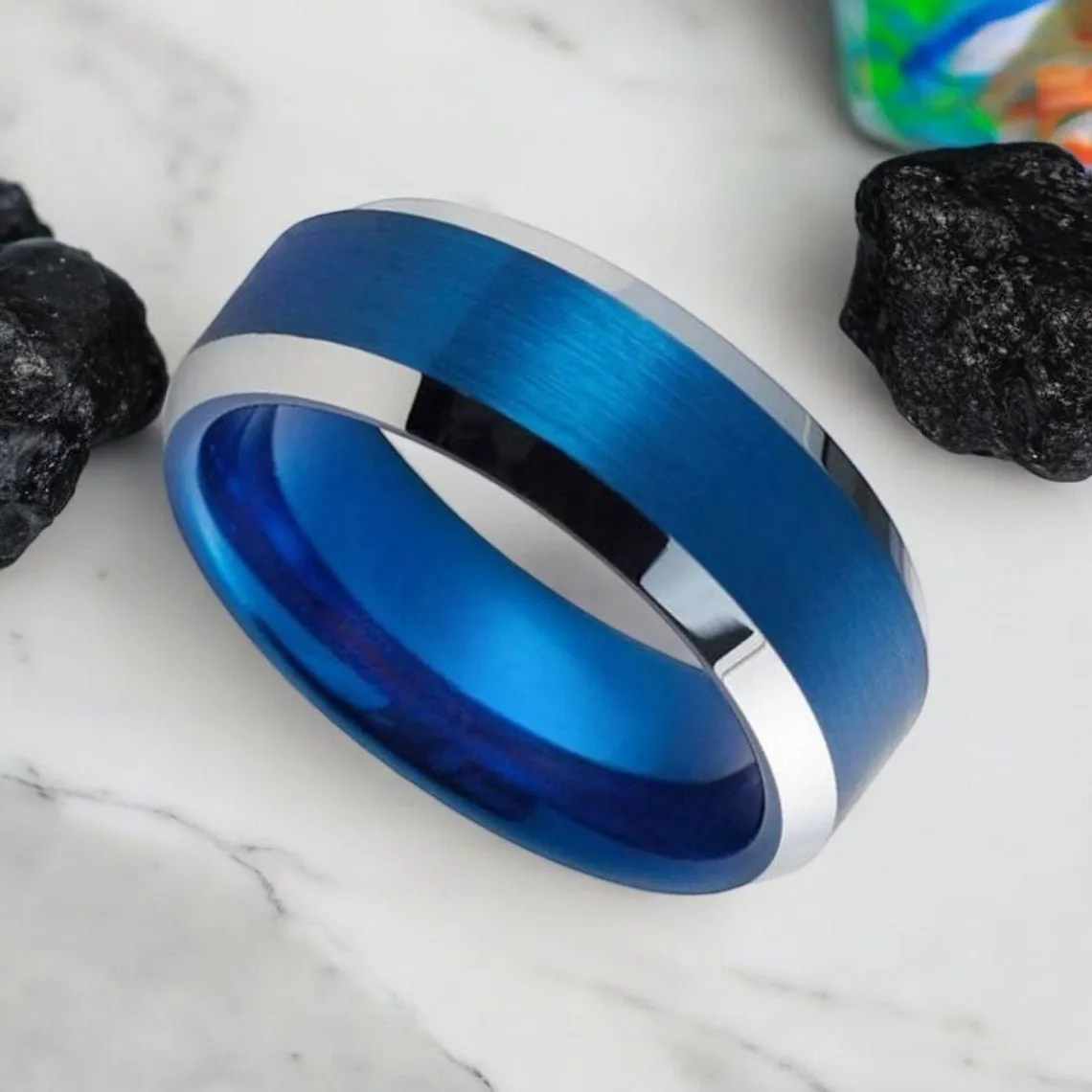 HYDRO | Blue Tungsten Ring, Brushed, Silver Beveled Edge