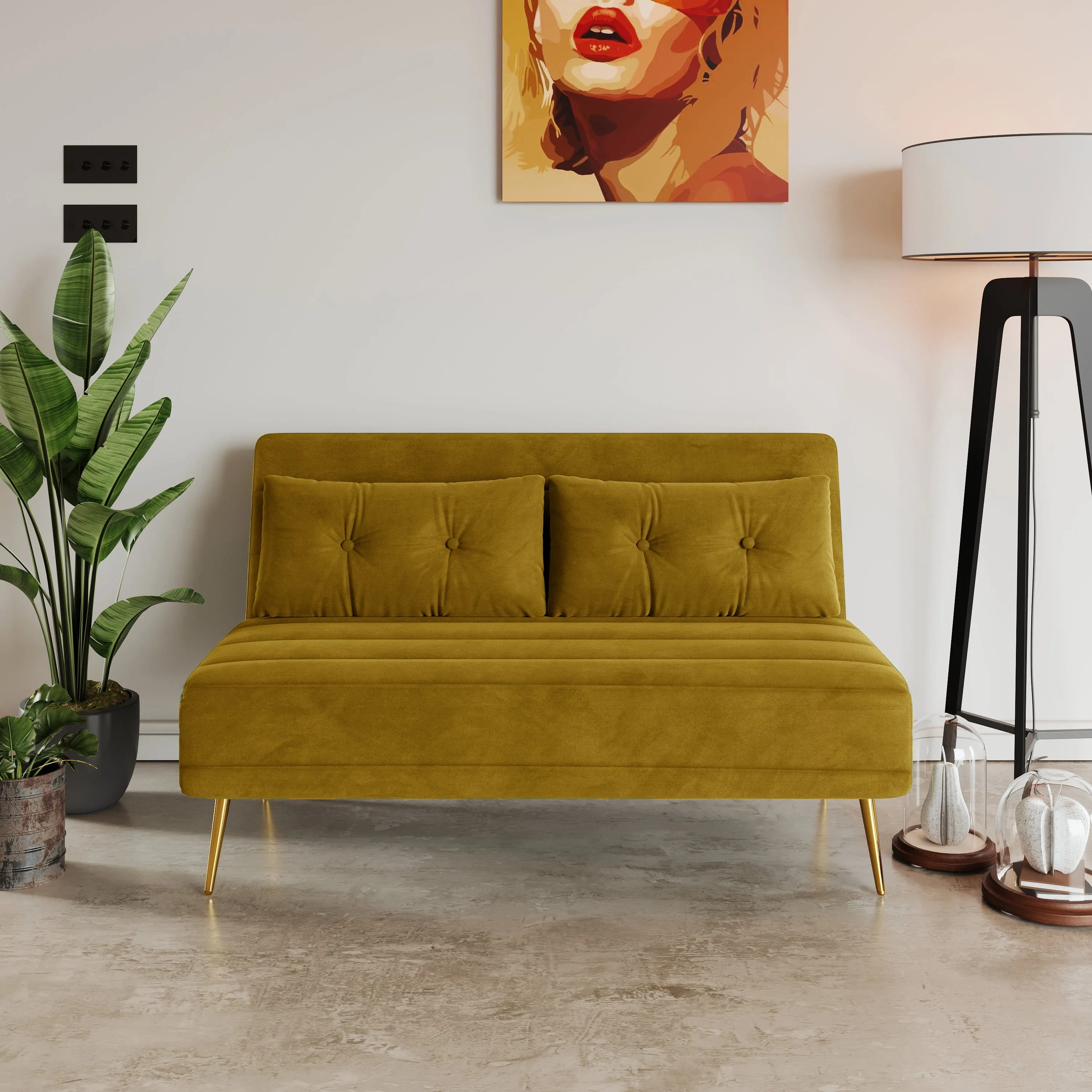 Jola Velvet Foldable 2 Seater Sofa Bed with Pillows