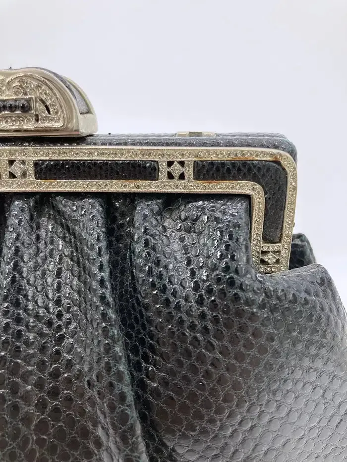 Judith Leiber Black Lizard Antique Silver Crystal Top Clutch
