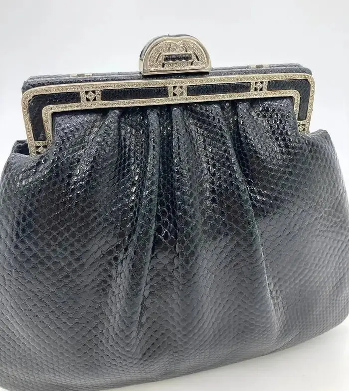 Judith Leiber Black Lizard Antique Silver Crystal Top Clutch