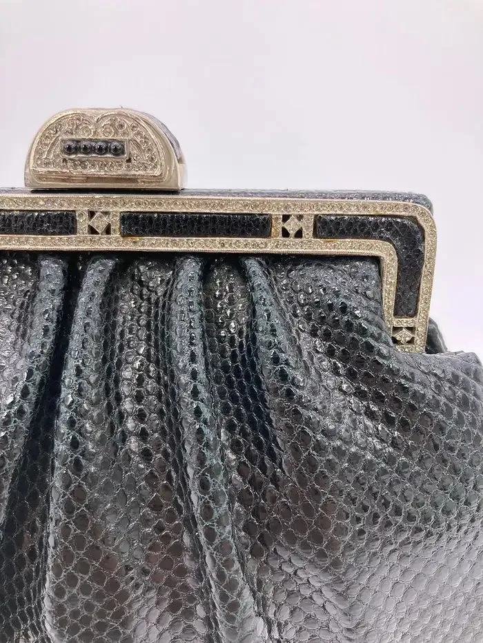 Judith Leiber Black Lizard Antique Silver Crystal Top Clutch