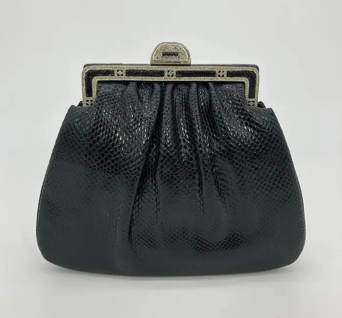 Judith Leiber Black Lizard Antique Silver Crystal Top Clutch