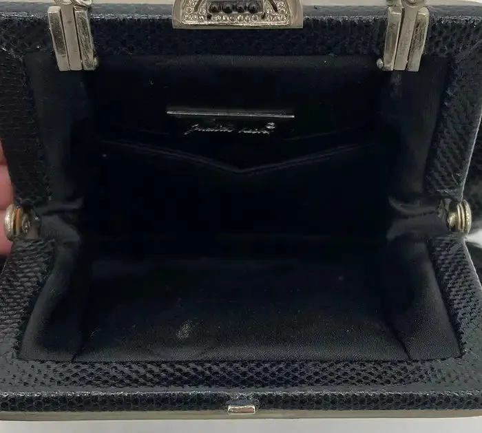 Judith Leiber Black Lizard Antique Silver Crystal Top Clutch