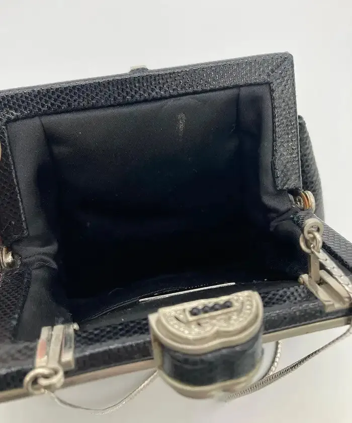Judith Leiber Black Lizard Antique Silver Crystal Top Clutch
