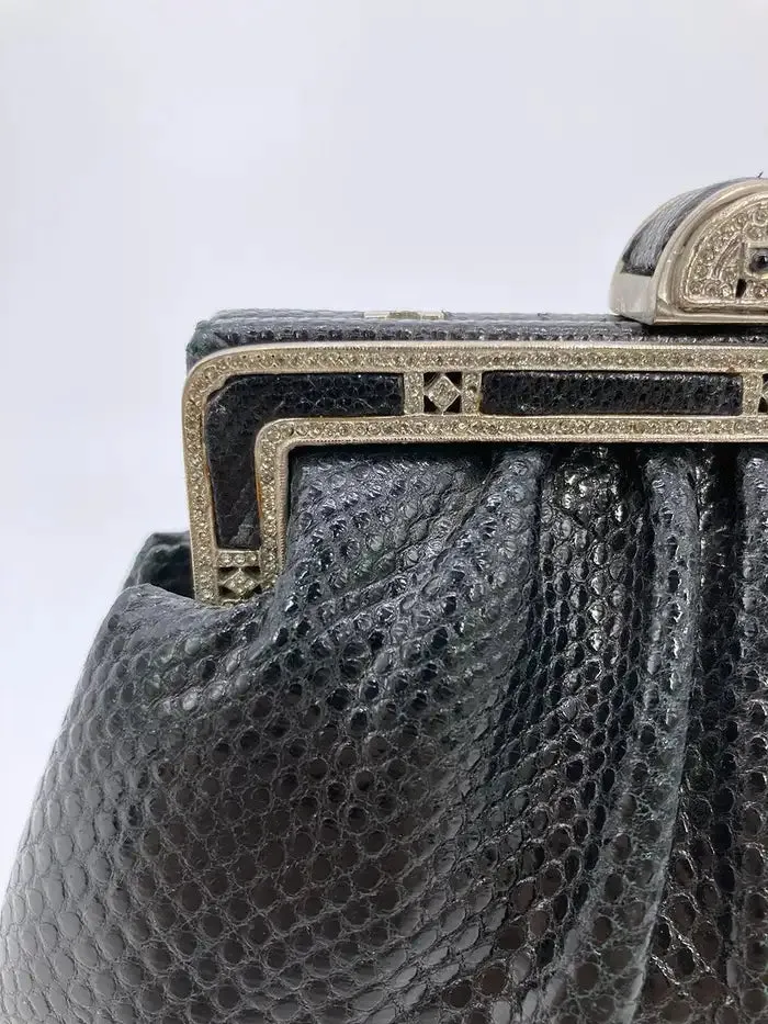 Judith Leiber Black Lizard Antique Silver Crystal Top Clutch