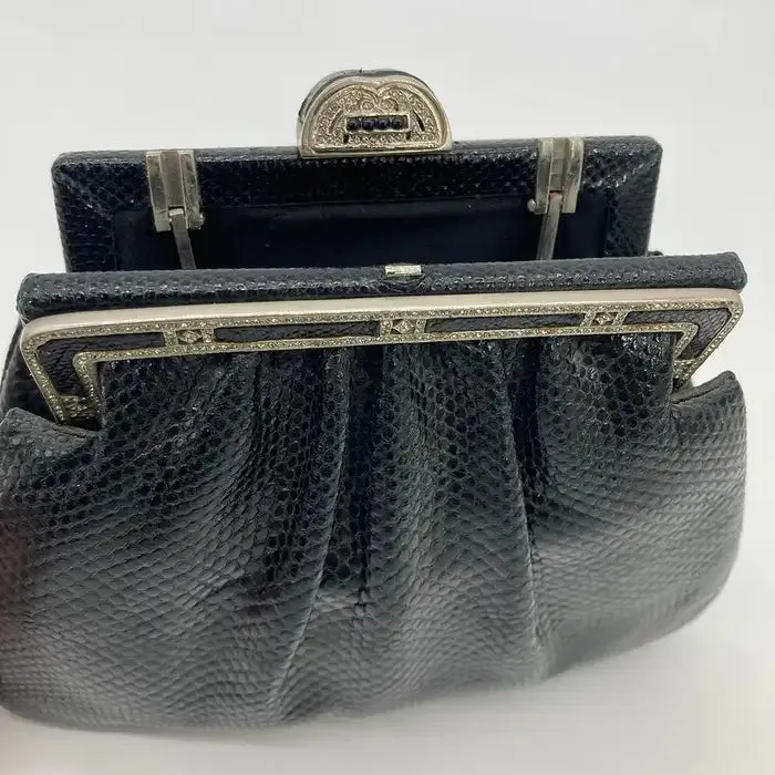Judith Leiber Black Lizard Antique Silver Crystal Top Clutch