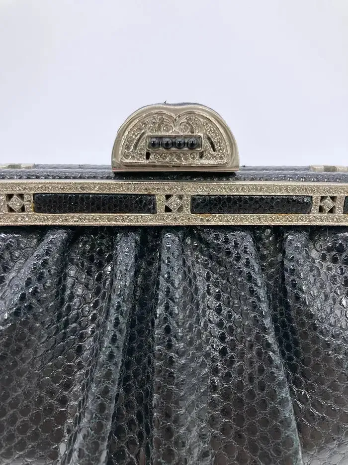 Judith Leiber Black Lizard Antique Silver Crystal Top Clutch