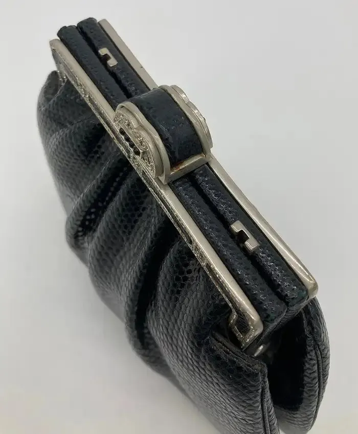 Judith Leiber Black Lizard Antique Silver Crystal Top Clutch