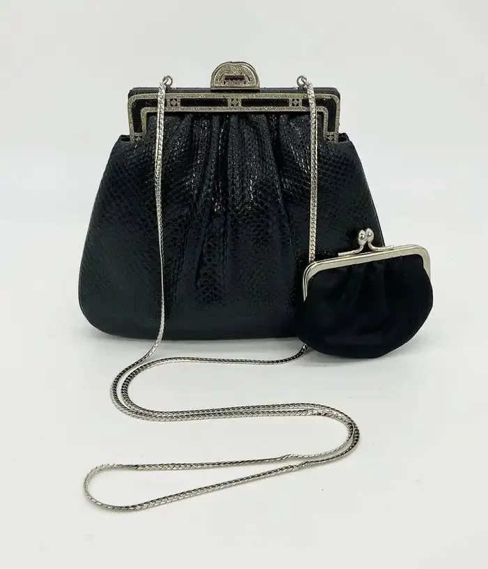 Judith Leiber Black Lizard Antique Silver Crystal Top Clutch