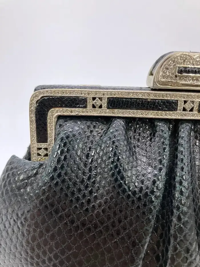 Judith Leiber Black Lizard Antique Silver Crystal Top Clutch