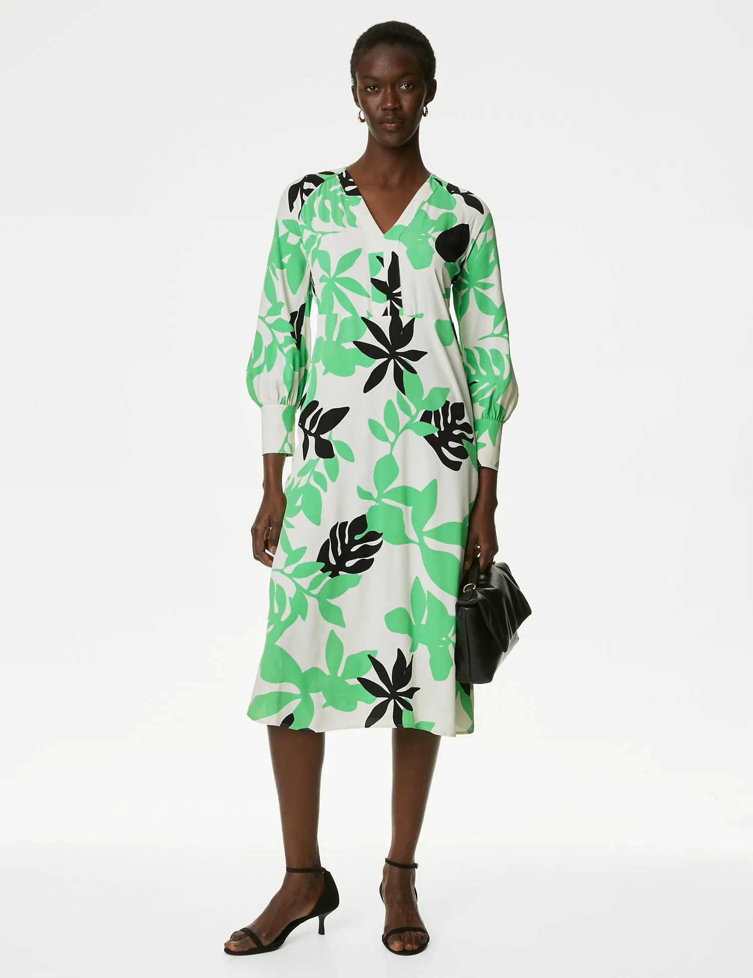 Leaf Print V-Neck Midaxi Smock Dress