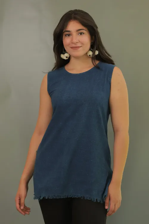 Moralfibre Plain Indigo Short Top With Signature Raw Edges