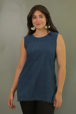 Moralfibre Plain Indigo Short Top With Signature Raw Edges