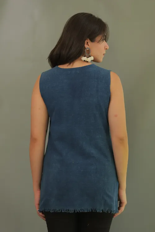 Moralfibre Plain Indigo Short Top With Signature Raw Edges