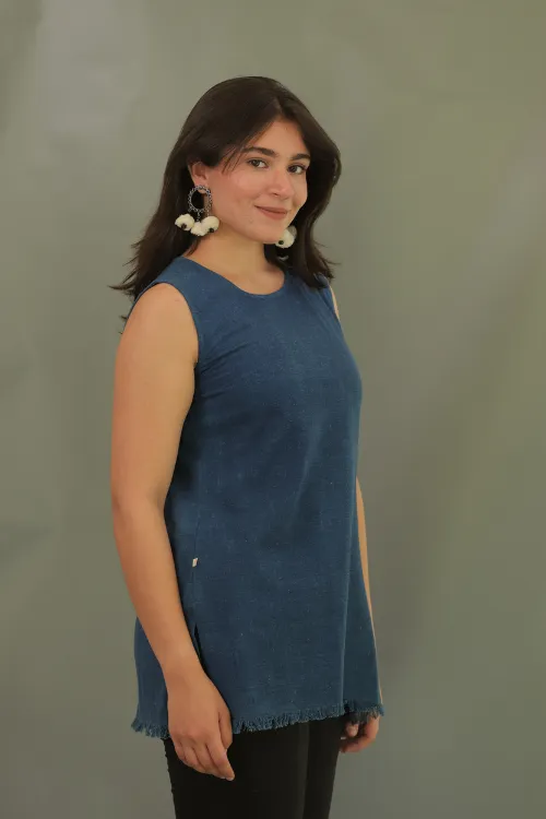 Moralfibre Plain Indigo Short Top With Signature Raw Edges