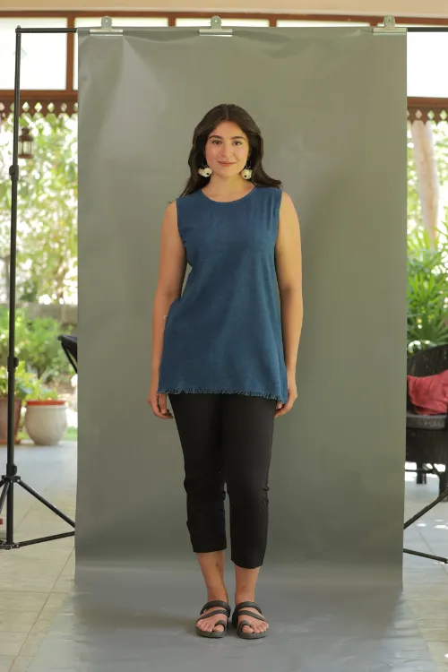 Moralfibre Plain Indigo Short Top With Signature Raw Edges