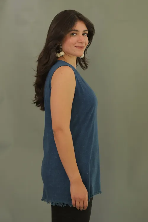 Moralfibre Plain Indigo Short Top With Signature Raw Edges