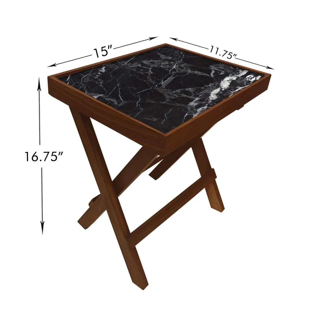 Nutcase Designer Teak Wood Side Table Folding Wooden Bedside Coffee Table - NOT Real Marble - Black Style
