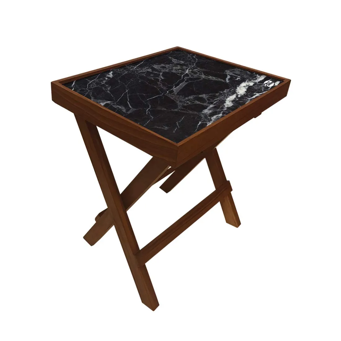 Nutcase Designer Teak Wood Side Table Folding Wooden Bedside Coffee Table - NOT Real Marble - Black Style