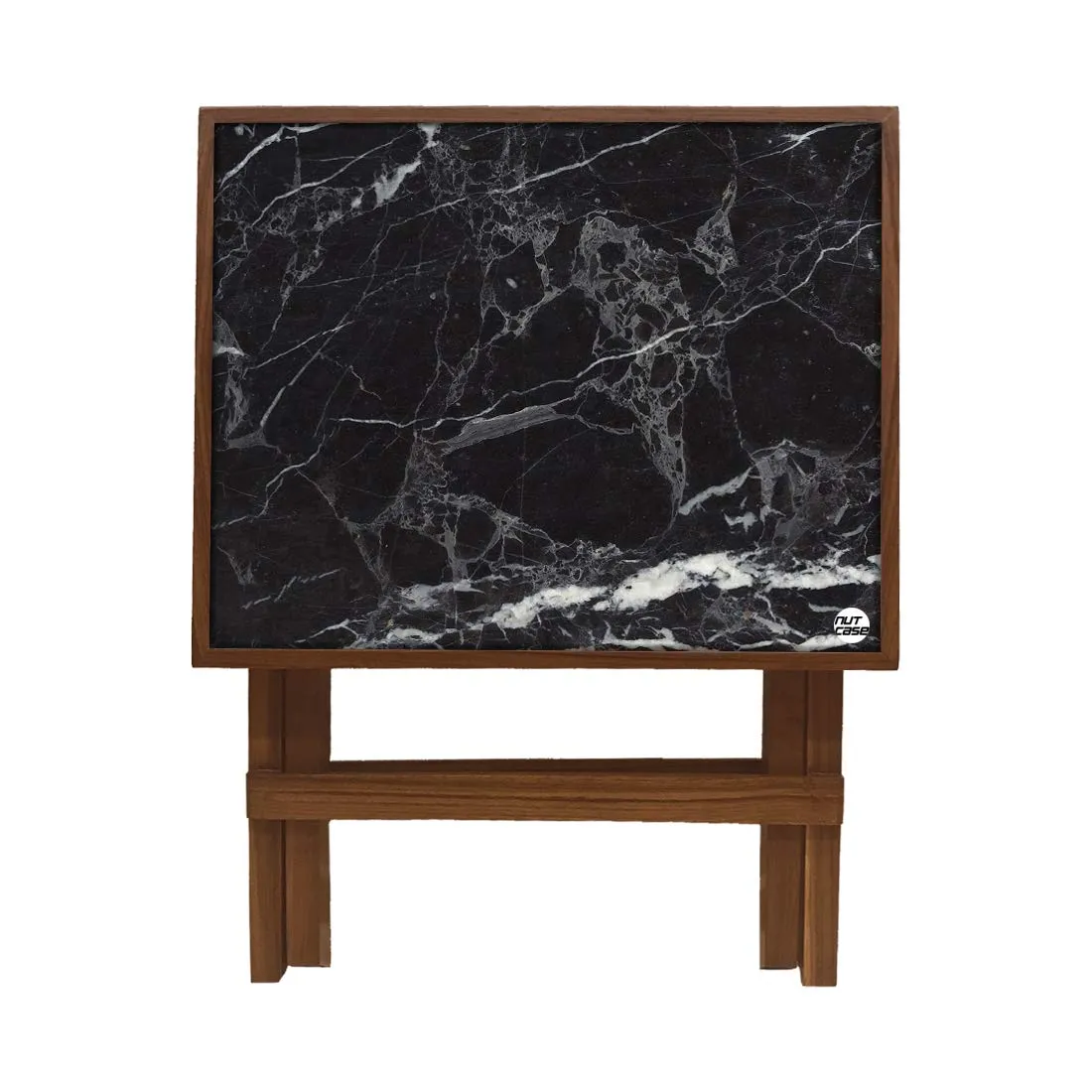 Nutcase Designer Teak Wood Side Table Folding Wooden Bedside Coffee Table - NOT Real Marble - Black Style