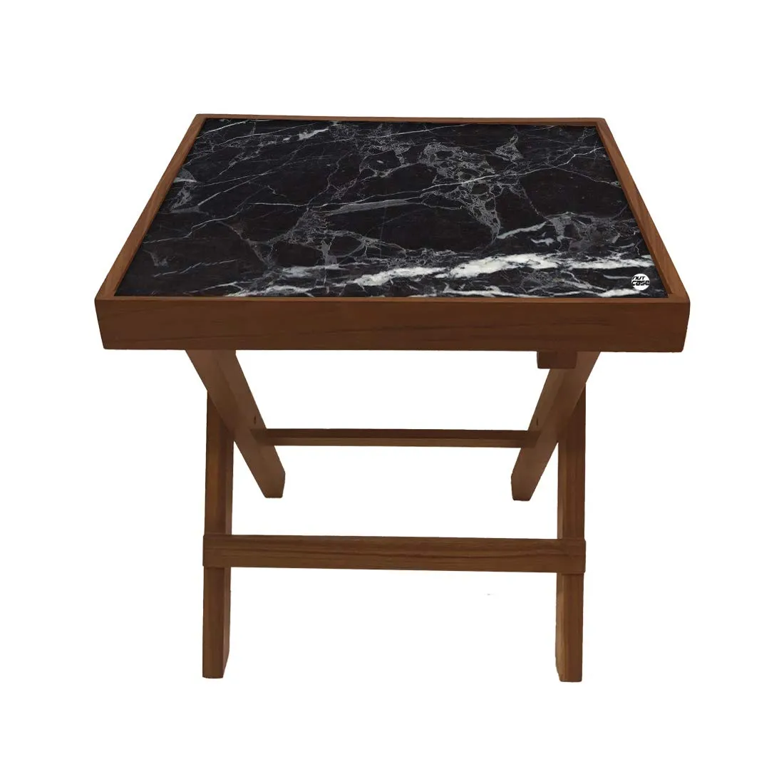 Nutcase Designer Teak Wood Side Table Folding Wooden Bedside Coffee Table - NOT Real Marble - Black Style