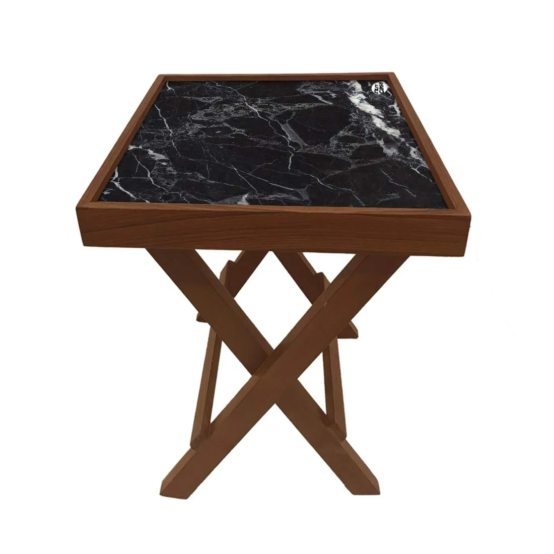 Nutcase Designer Teak Wood Side Table Folding Wooden Bedside Coffee Table - NOT Real Marble - Black Style